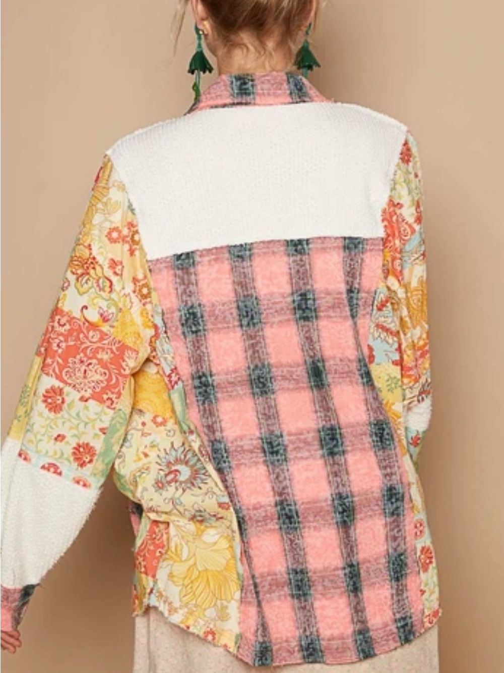 POL Women’s Oversize Patchwork Long Sleeve Plaid Button Down Shirt - Picture 7 of 7